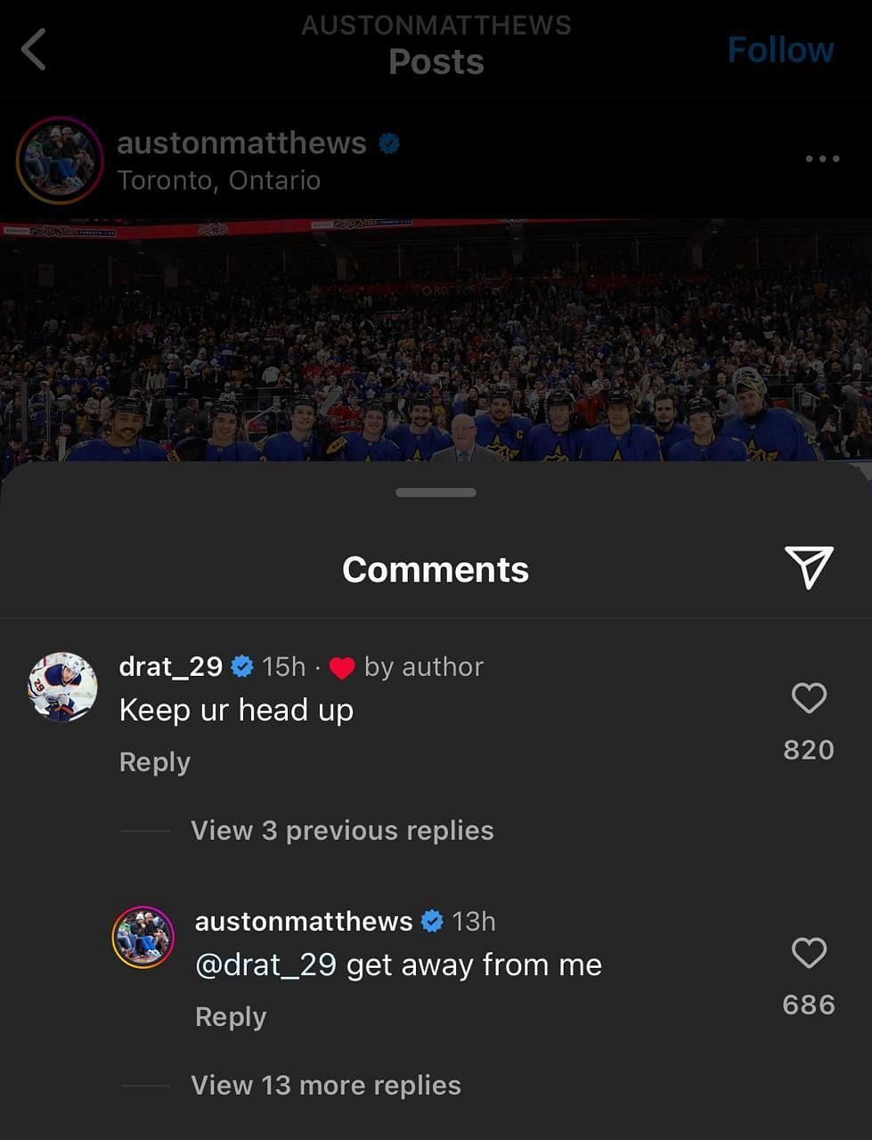 The comment section of Auston Matthews' post.